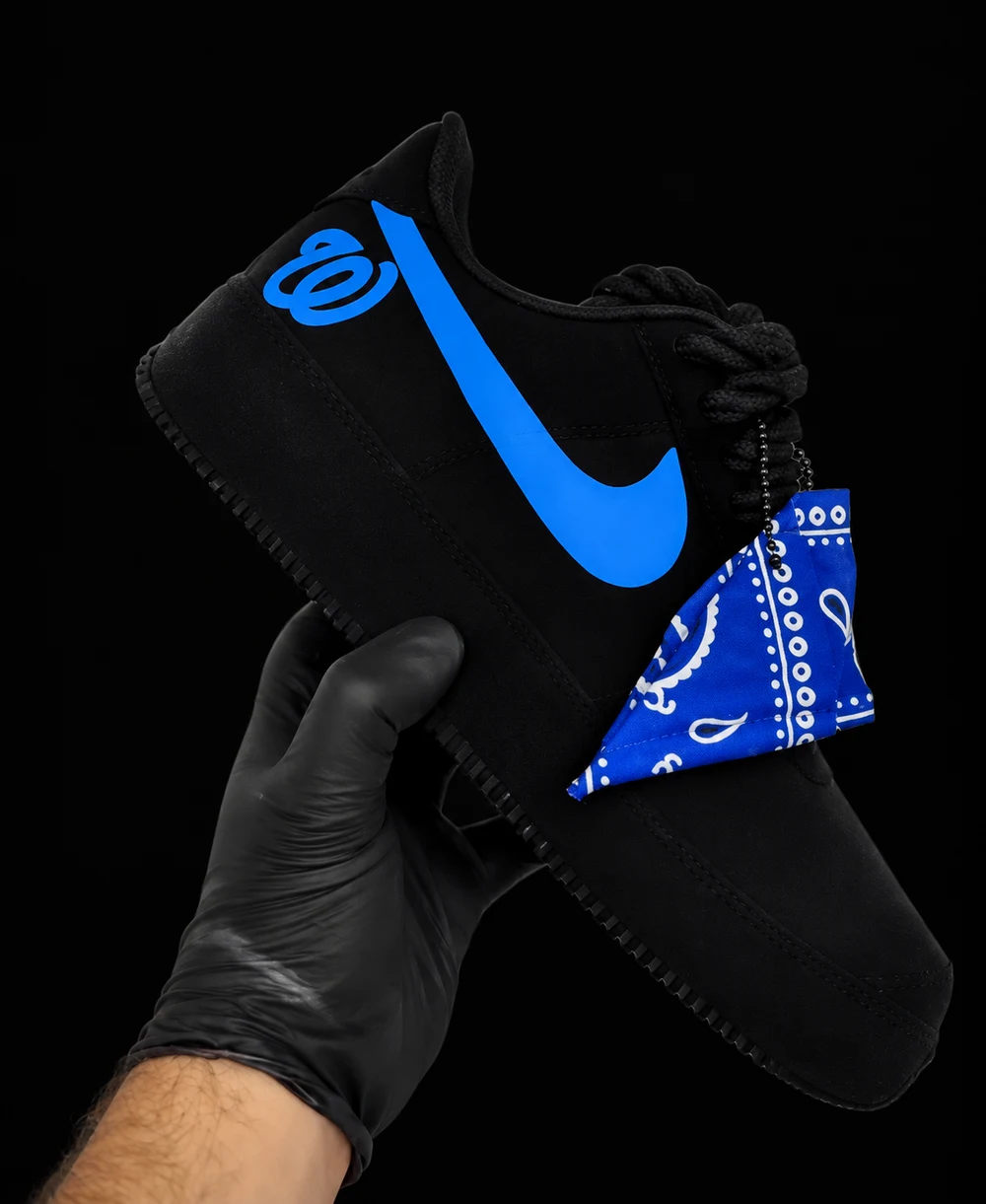 Black custom Air Force 1 with blue accents and a blue bandana