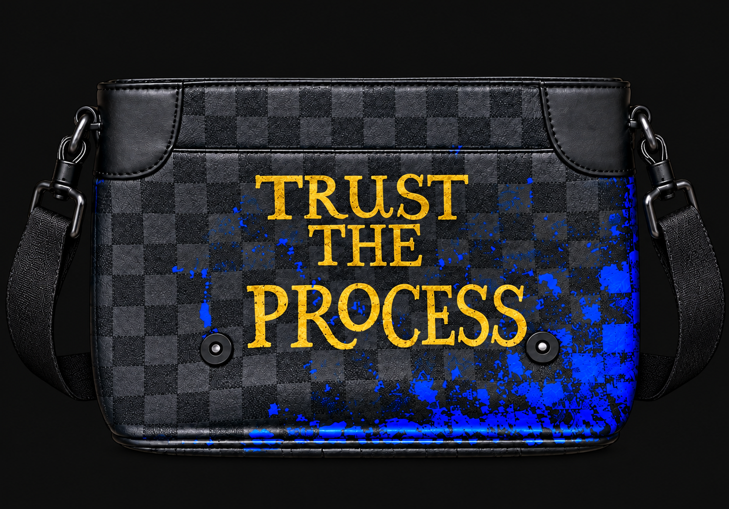 Trust the process — hand-painted bag with blue and gold details